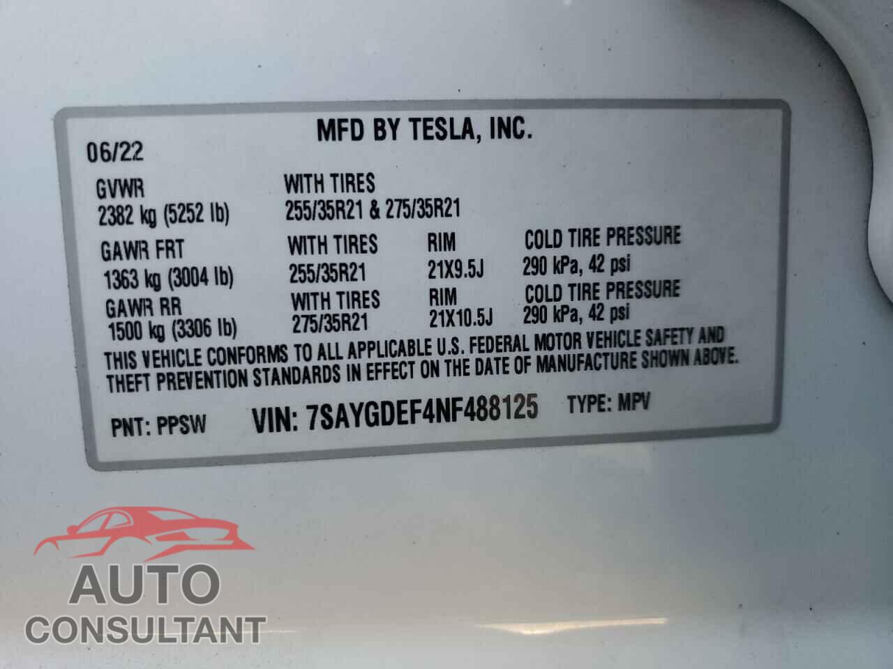 TESLA MODEL Y 2022 - 7SAYGDEF4NF488125