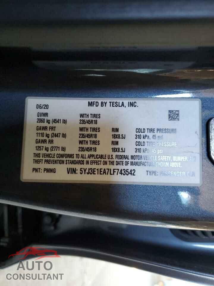 TESLA MODEL 3 2020 - 5YJ3E1EA7LF743542