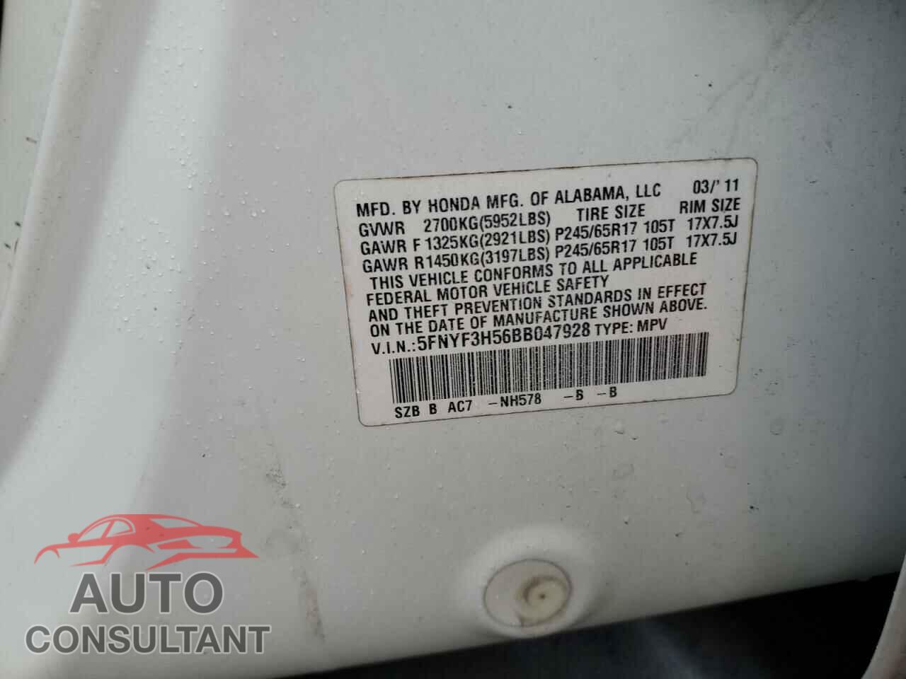HONDA PILOT 2011 - 5FNYF3H56BB047928