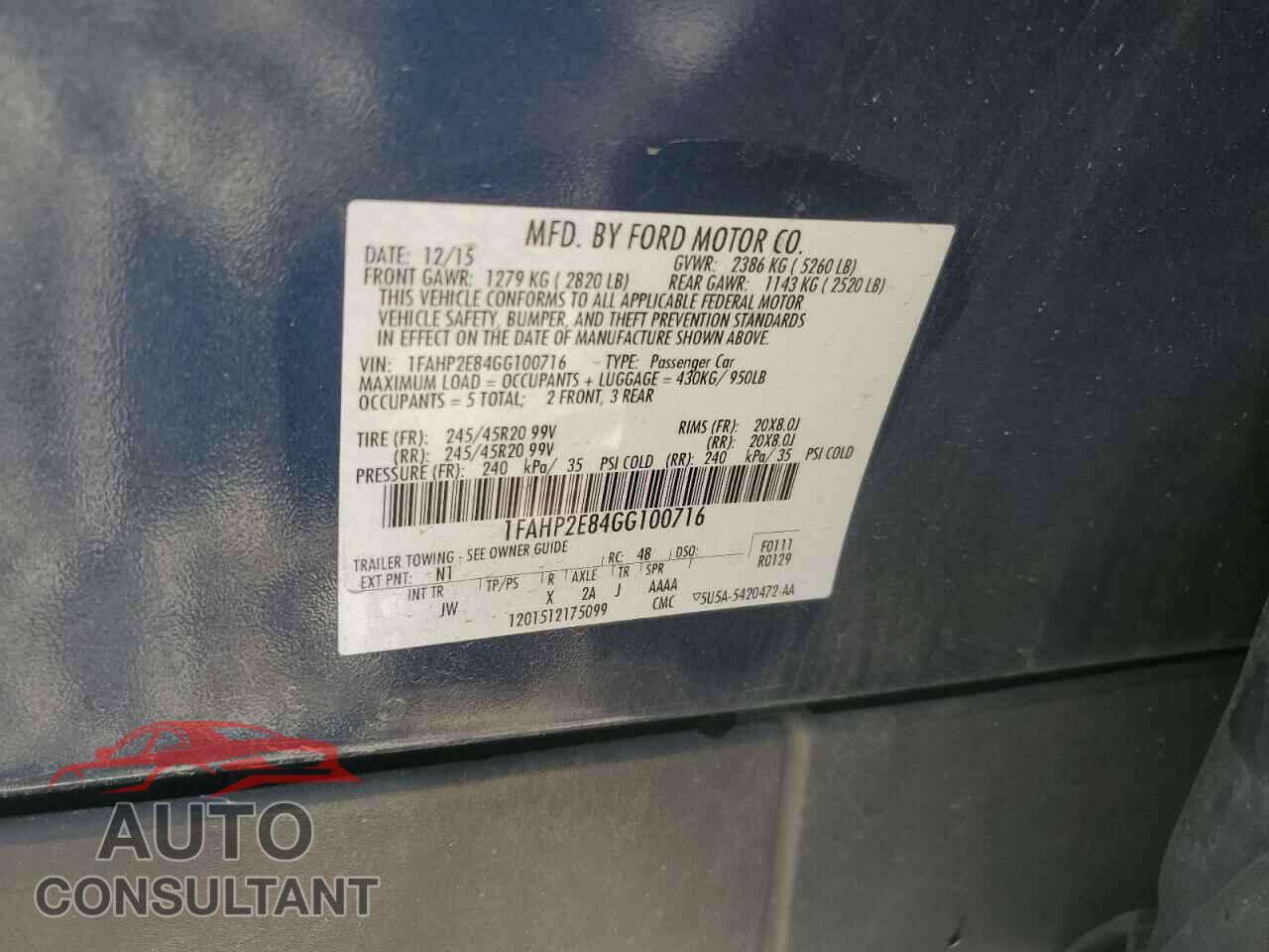 FORD TAURUS 2016 - 1FAHP2E84GG100716
