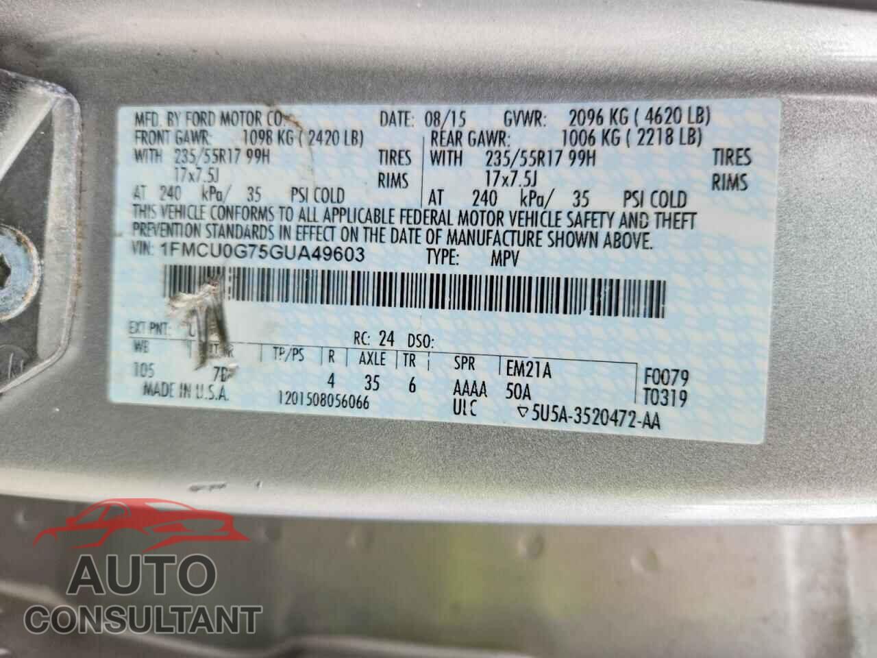 FORD ESCAPE 2016 - 1FMCU0G75GUA49603