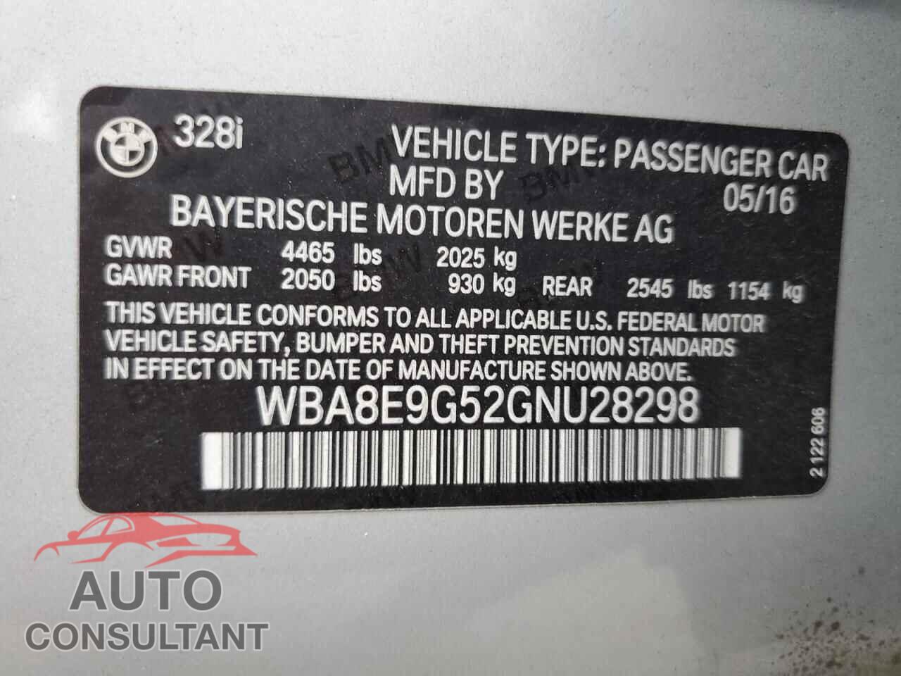 BMW 3 SERIES 2016 - WBA8E9G52GNU28298