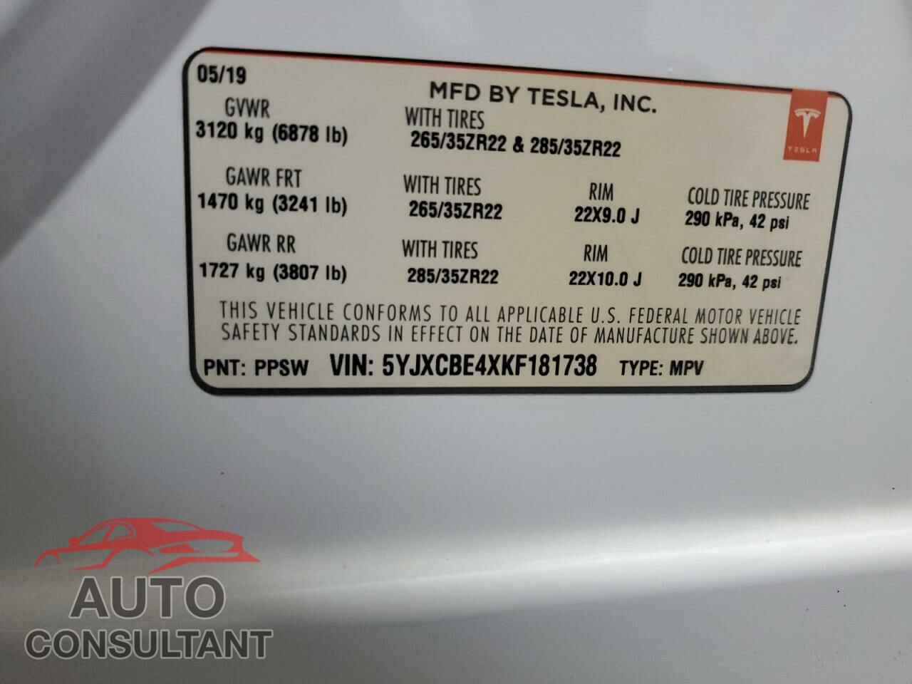 TESLA MODEL X 2019 - 5YJXCBE4XKF181738