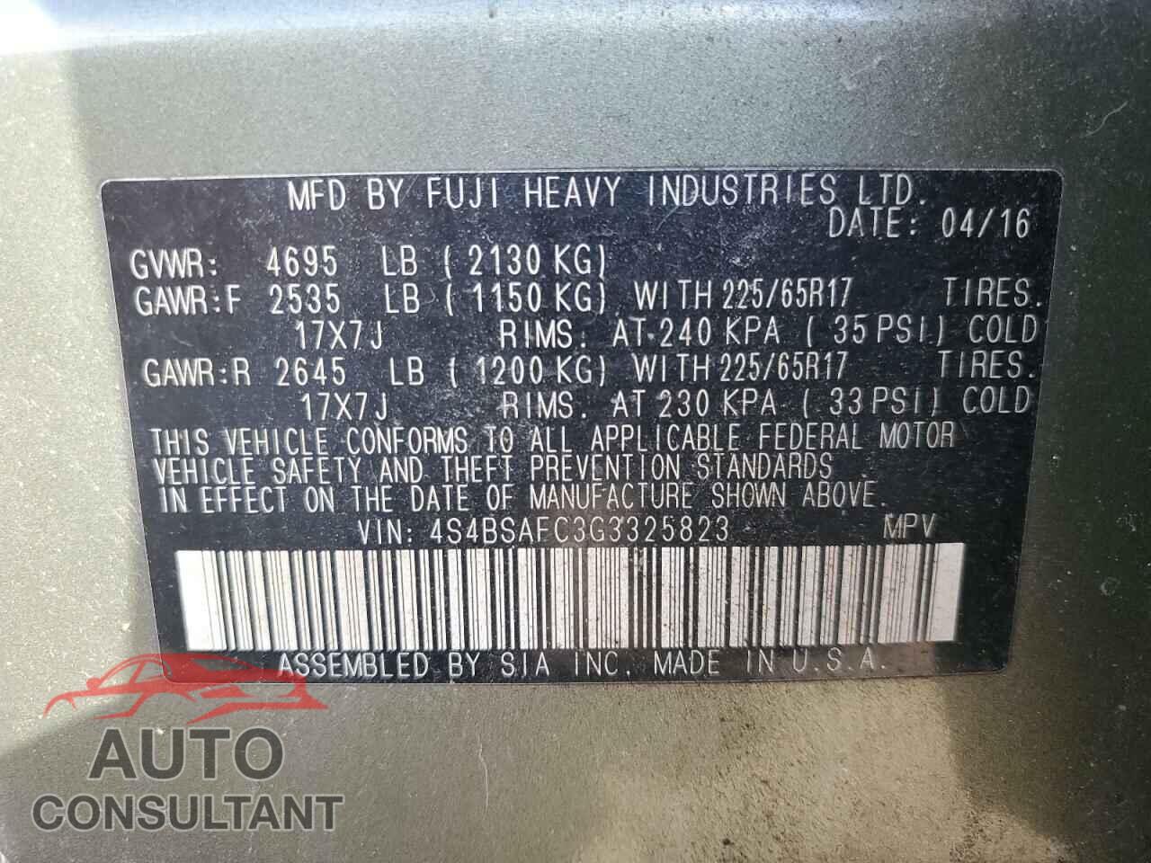 SUBARU OUTBACK 2016 - 4S4BSAFC3G3325823