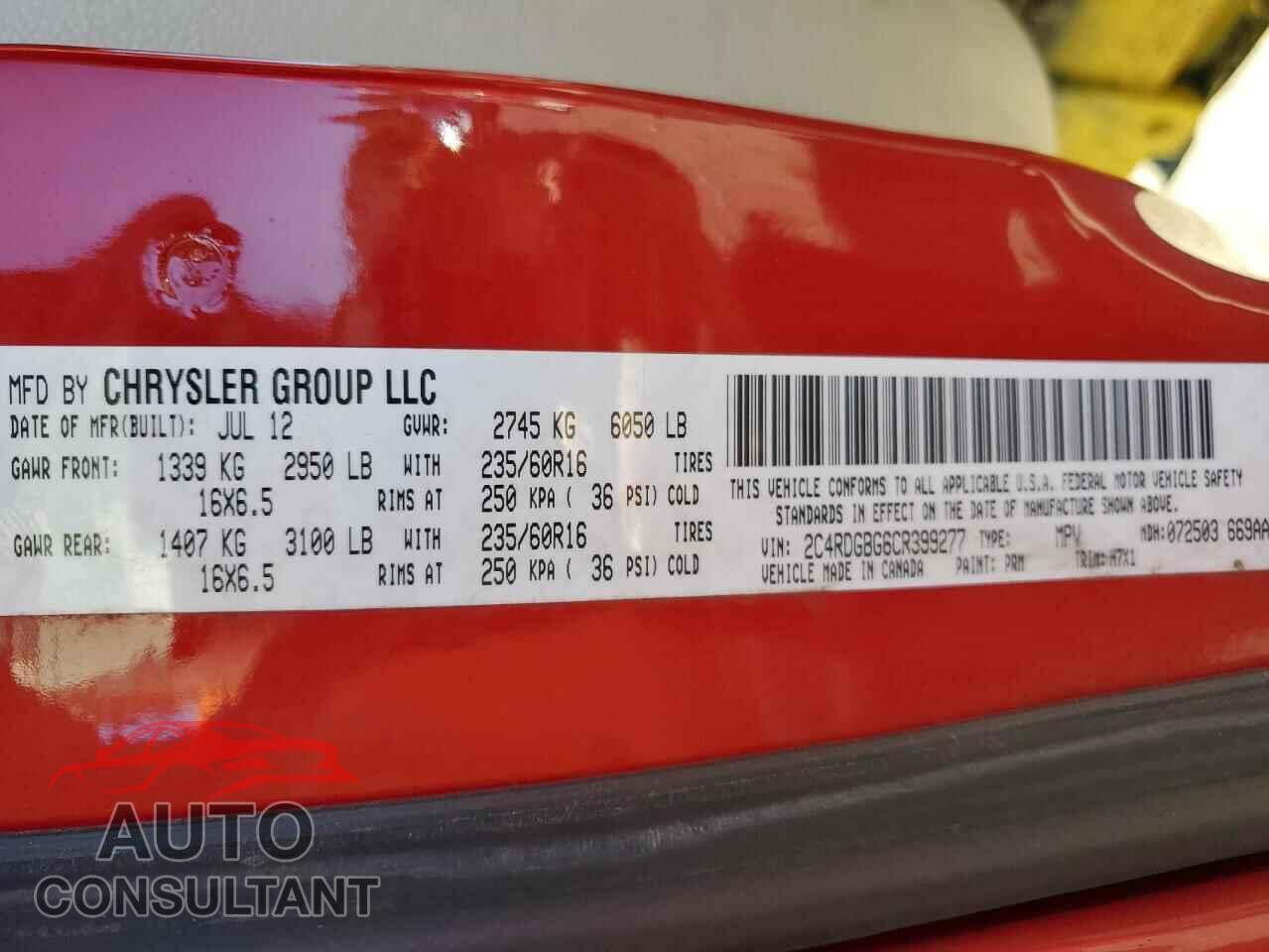 DODGE CARAVAN 2012 - 2C4RDGBG6CR399277