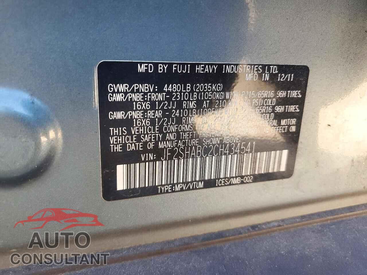 SUBARU FORESTER 2012 - JF2SHABC2CH434541