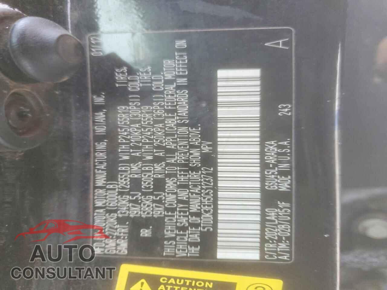 TOYOTA HIGHLANDER 2012 - 5TDDK3EH5CS123712