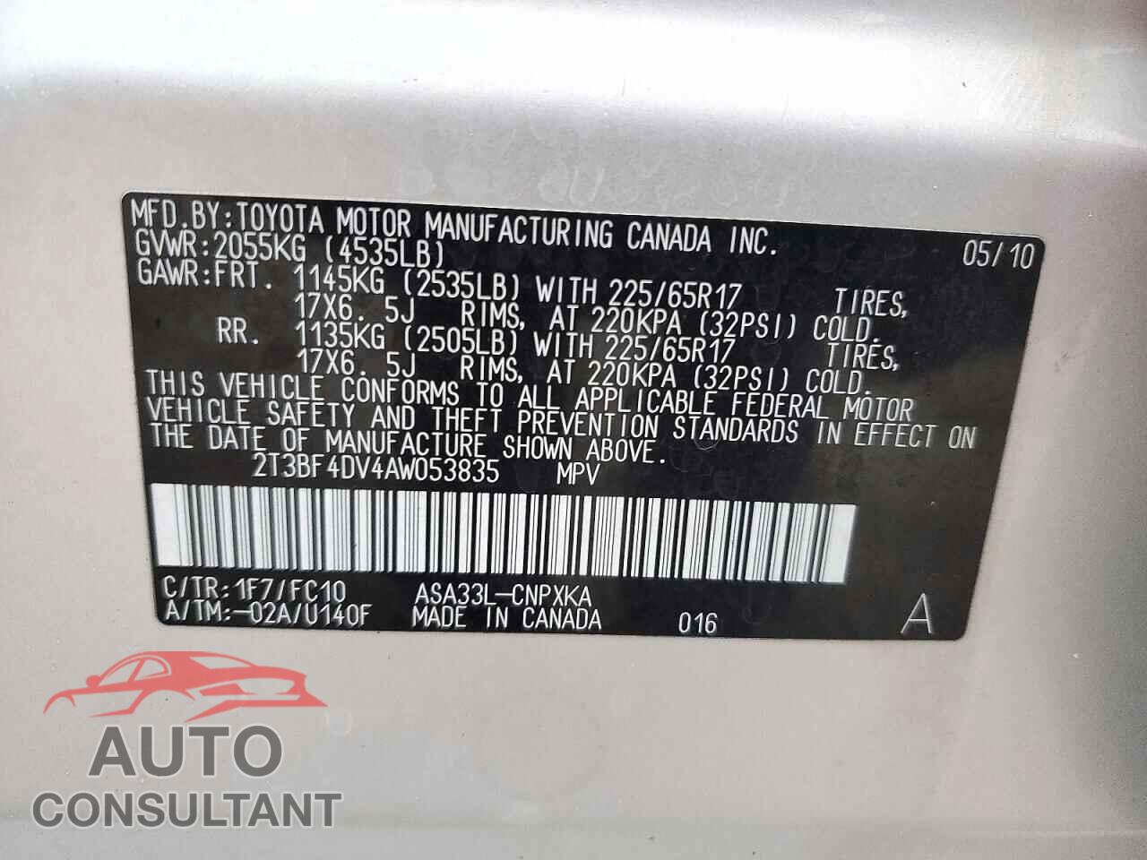TOYOTA RAV4 2010 - 2T3BF4DV4AW053835