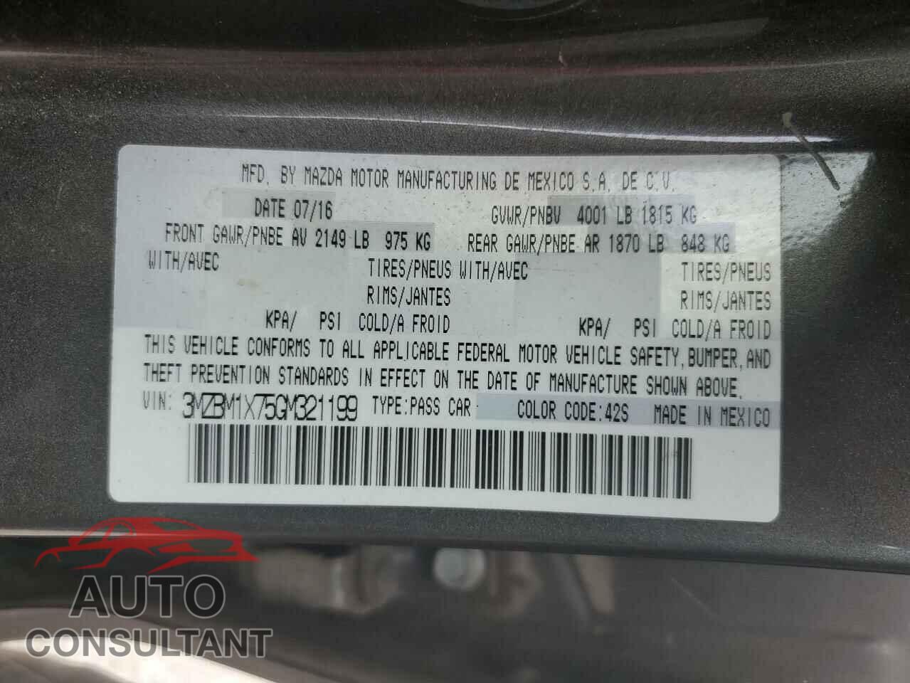 MAZDA 3 2016 - 3MZBM1X75GM321199