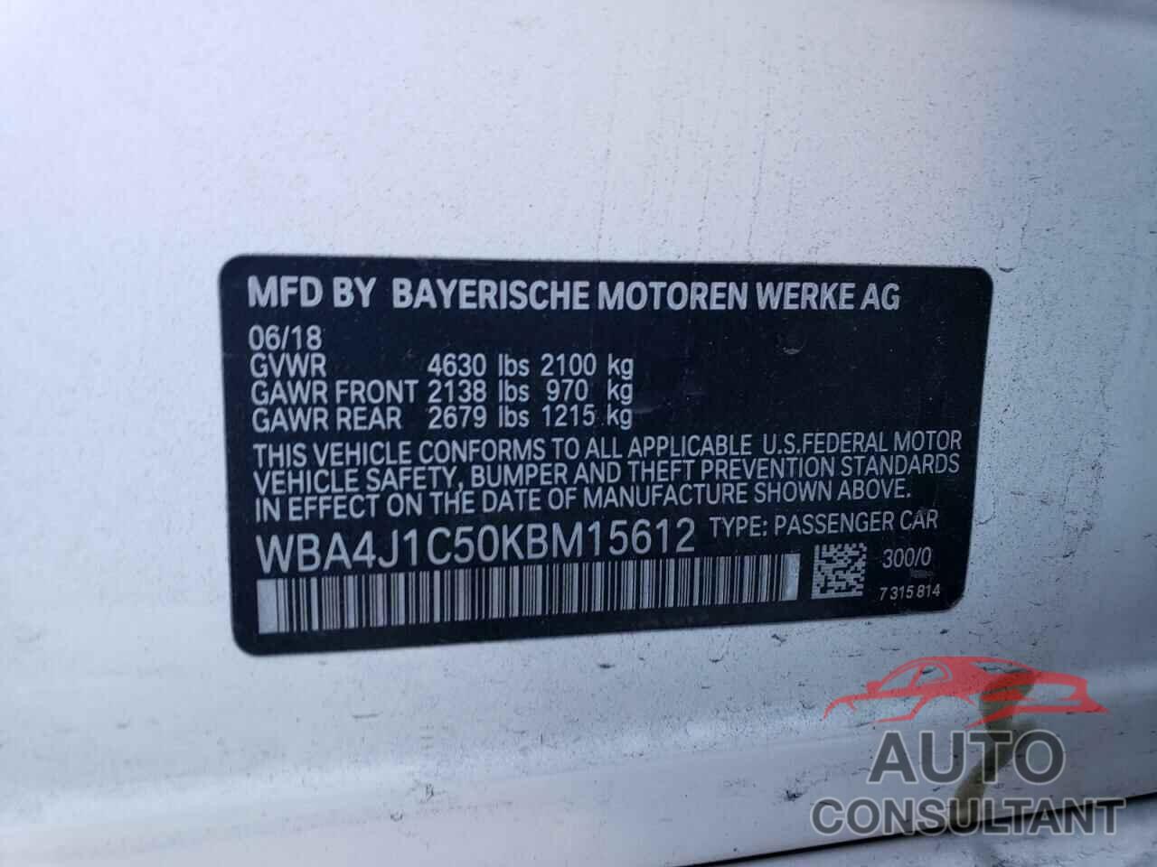 BMW 4 SERIES 2019 - WBA4J1C50KBM15612