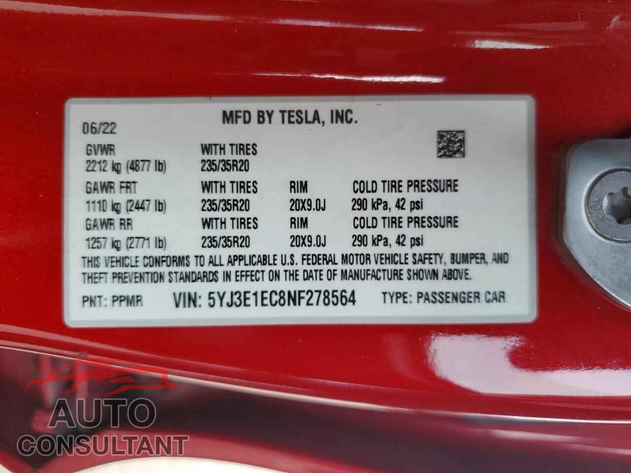 TESLA MODEL 3 2022 - 5YJ3E1EC8NF278564