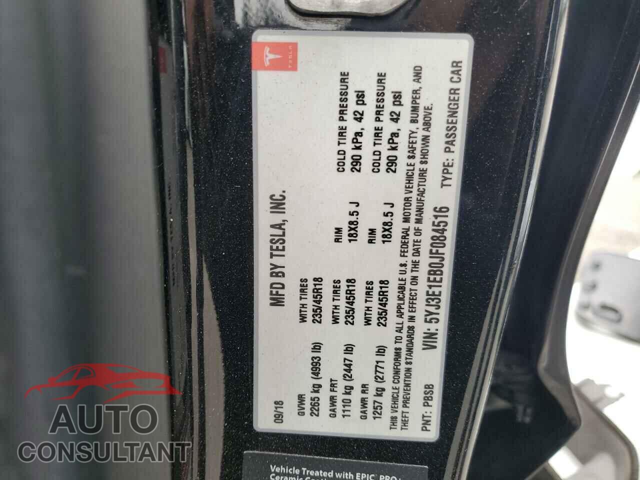TESLA MODEL 3 2018 - 5YJ3E1EB0JF084516