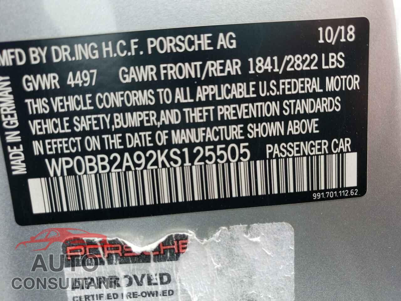 PORSCHE 911 2019 - WP0BB2A92KS125505