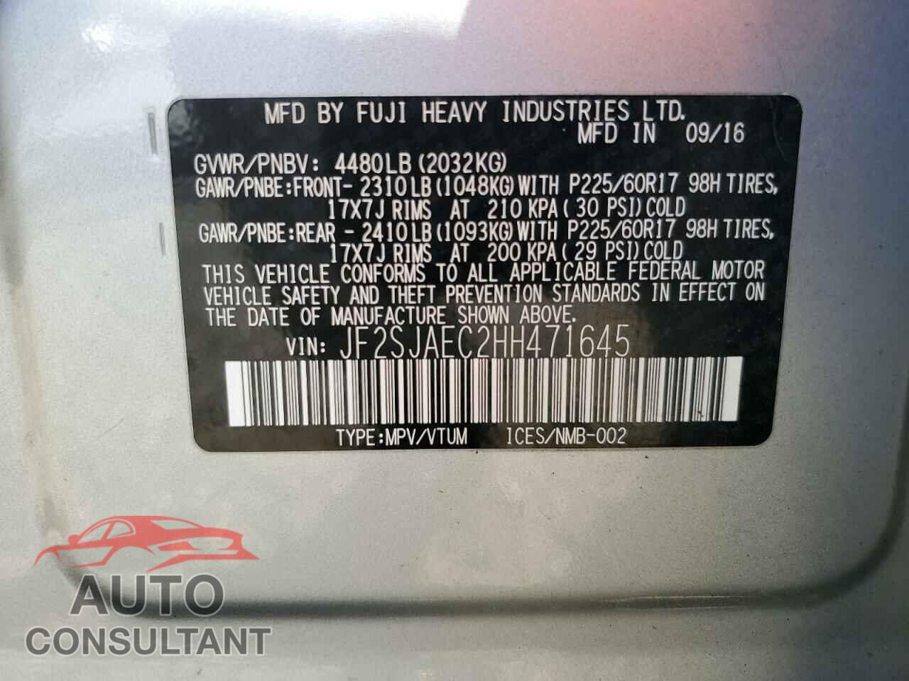 SUBARU FORESTER 2017 - JF2SJAEC2HH471645