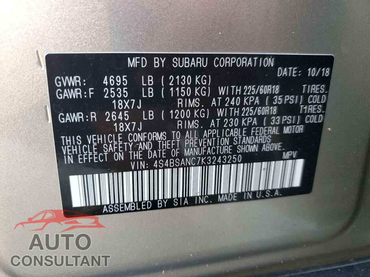 SUBARU OUTBACK 2019 - 4S4BSANC7K3243250