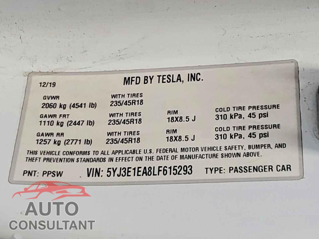 TESLA MODEL 3 2020 - 5YJ3E1EA8LF615293