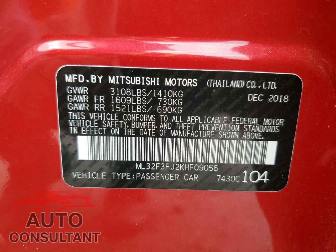 MITSUBISHI MIRAGE 2019 - ML32F3FJ2KHF09056