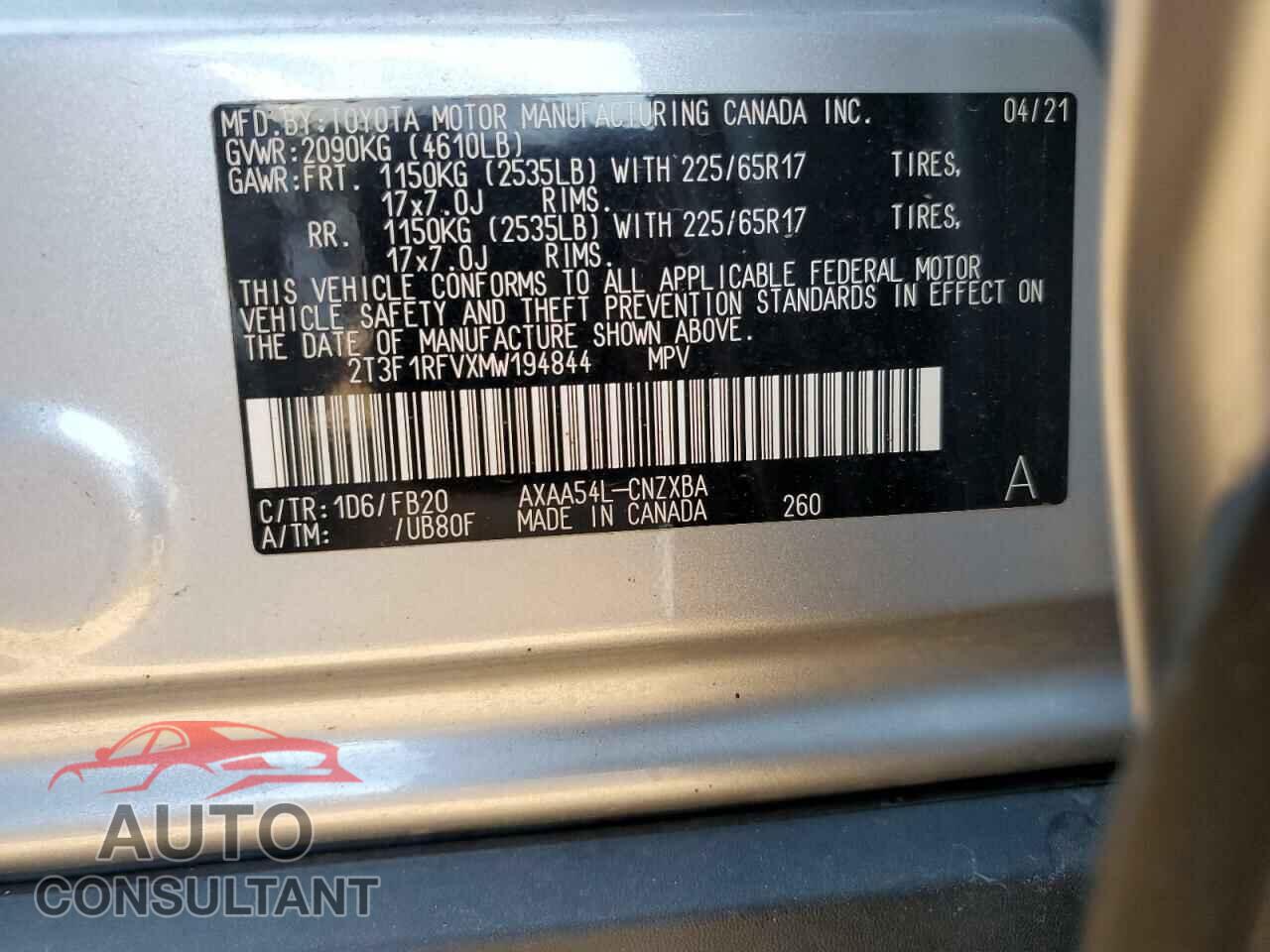 TOYOTA RAV4 2021 - 2T3F1RFVXMW194844