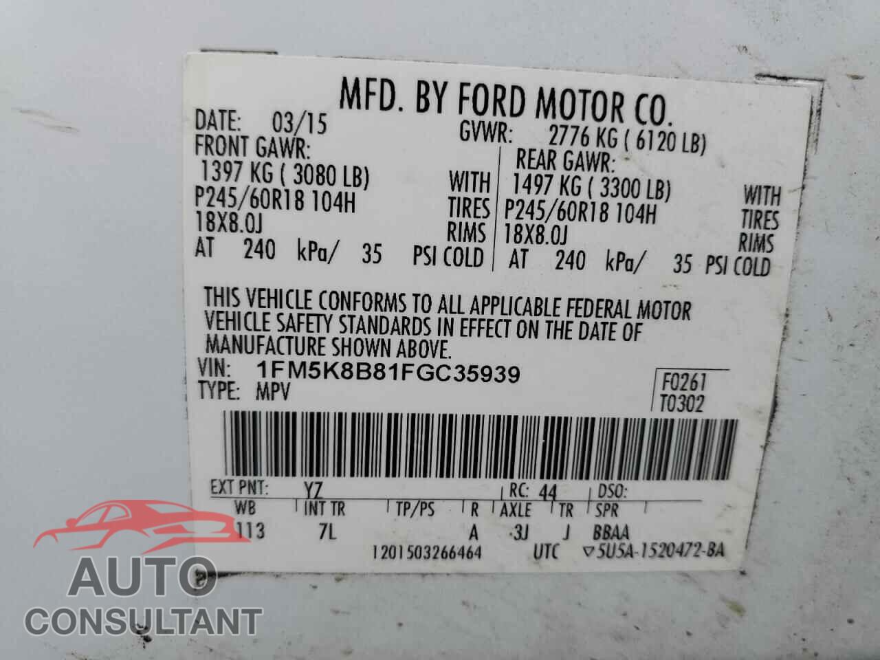 FORD EXPLORER 2015 - 1FM5K8B81FGC35939