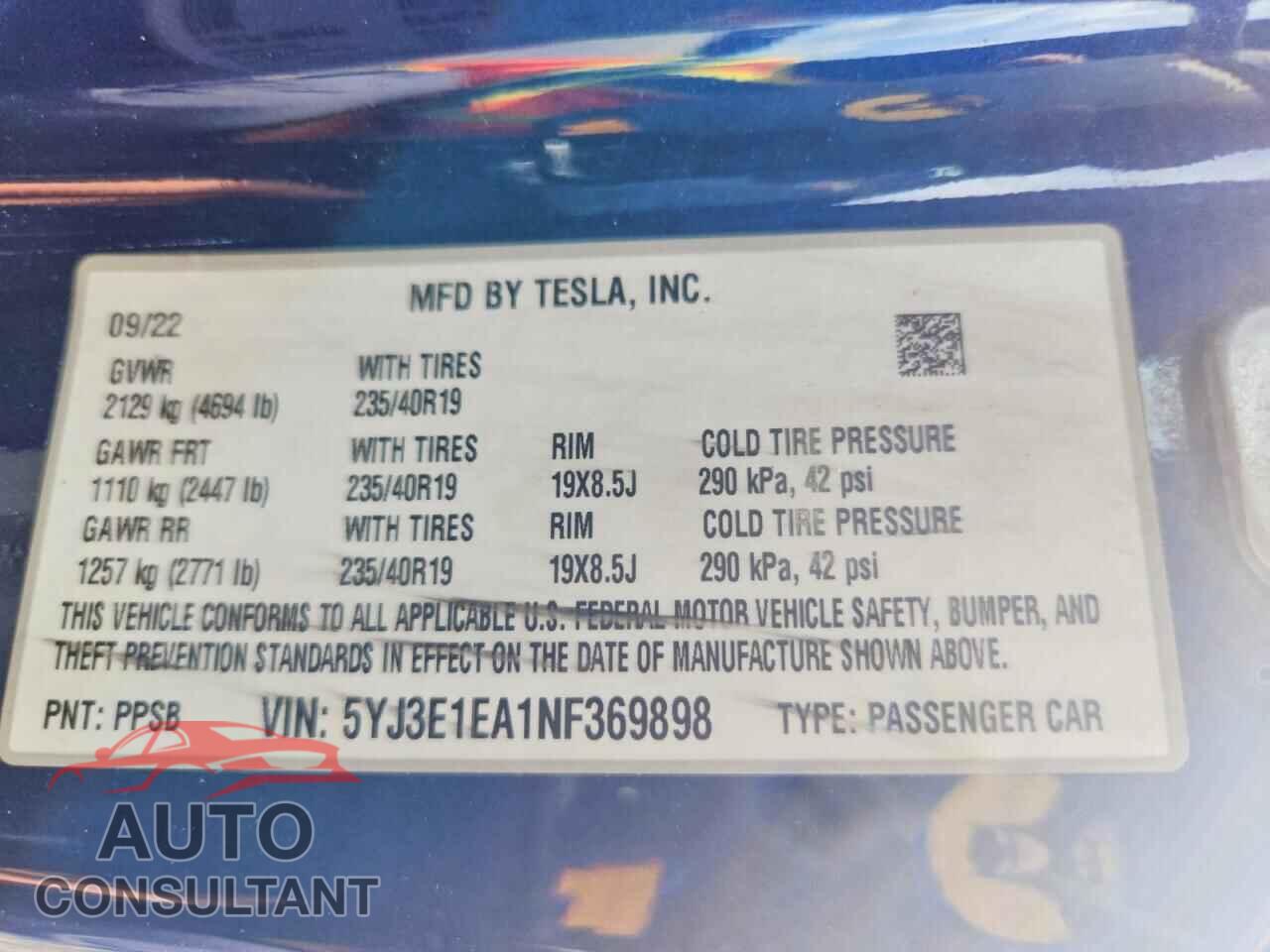 TESLA MODEL 3 2022 - 5YJ3E1EA1NF369898