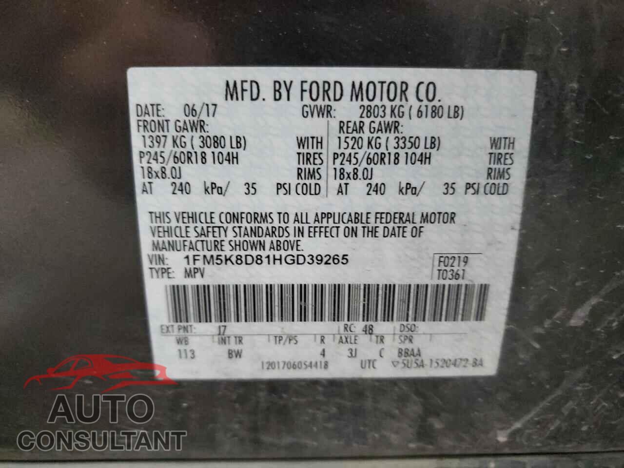 FORD EXPLORER 2017 - 1FM5K8D81HGD39265