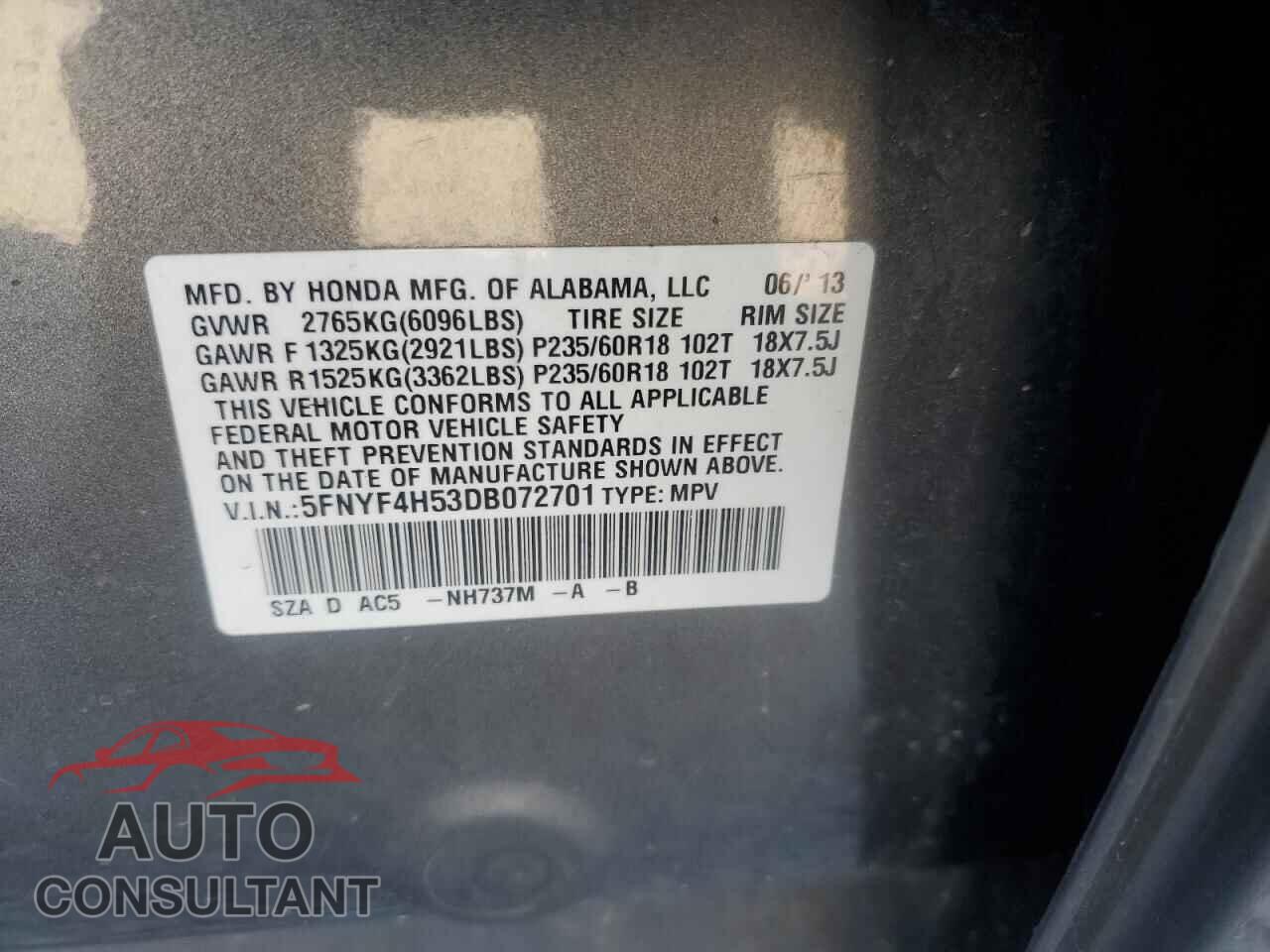 HONDA PILOT 2013 - 5FNYF4H53DB072701