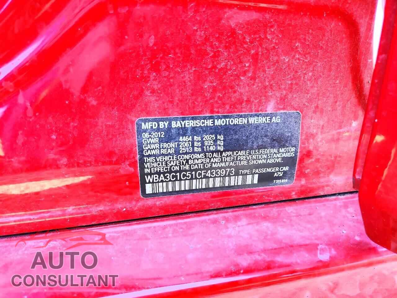BMW 3 SERIES 2012 - WBA3C1C51CF433973