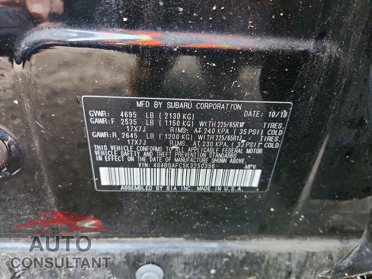 SUBARU OUTBACK 2019 - 4S4BSAFC5K3250356