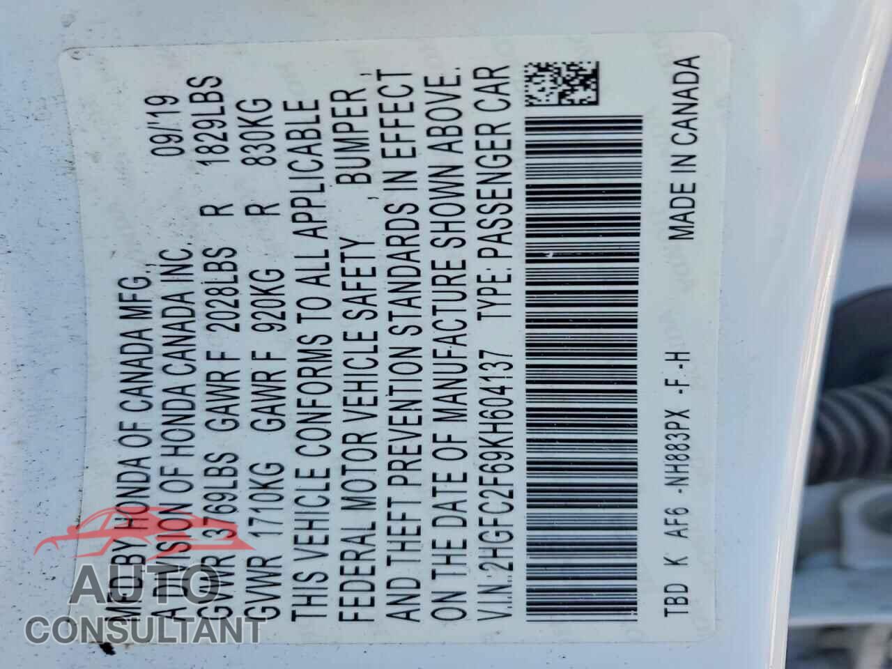HONDA CIVIC 2019 - 2HGFC2F69KH604137