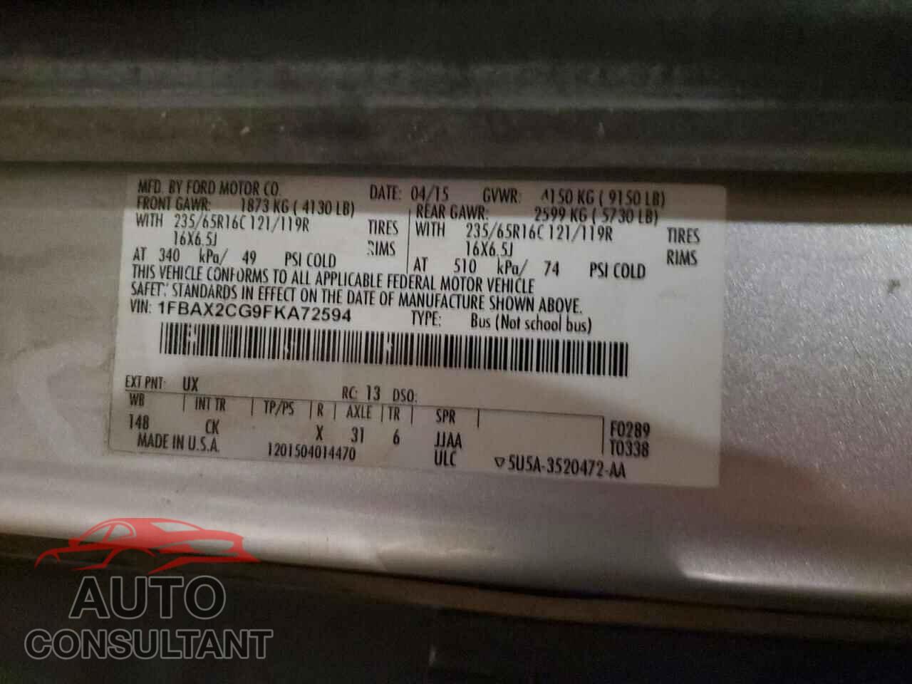 FORD TRANSIT 2015 - 1FBAX2CG9FKA72594