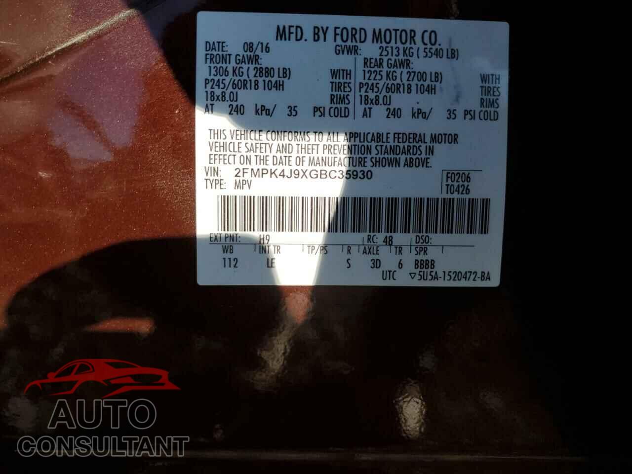FORD EDGE 2016 - 2FMPK4J9XGBC35930