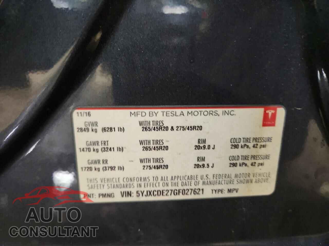 TESLA MODEL X 2016 - 5YJXCDE27GF027621