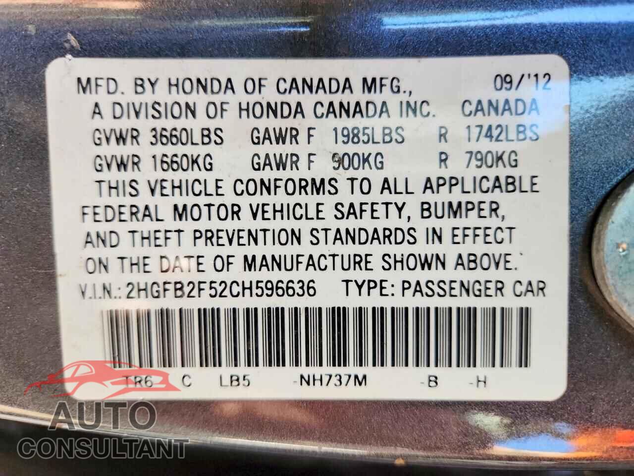 HONDA CIVIC 2012 - 2HGFB2F52CH596636