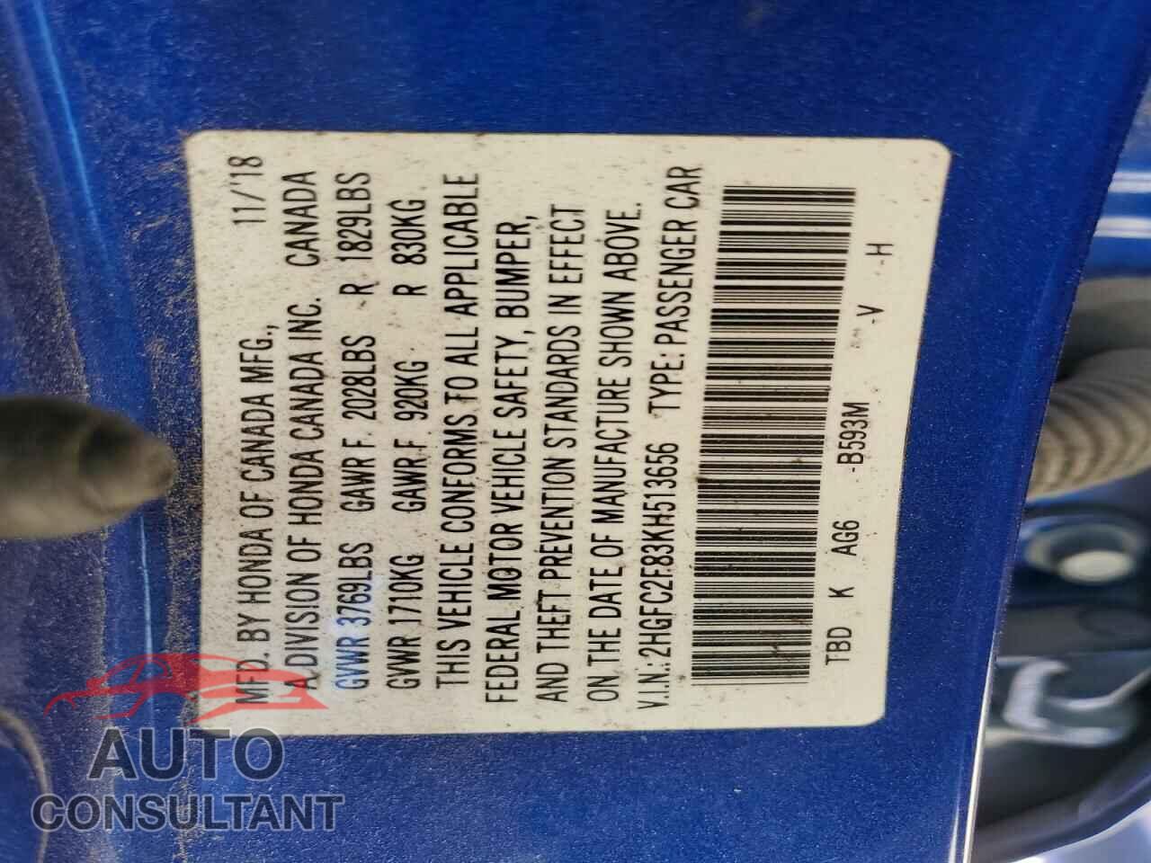 HONDA CIVIC 2019 - 2HGFC2F83KH513656