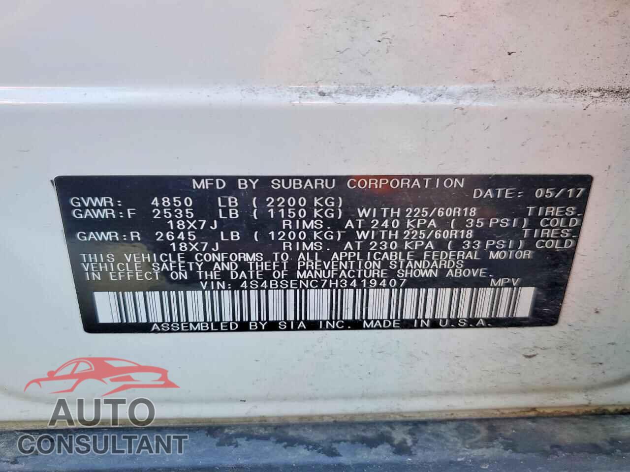SUBARU OUTBACK 2017 - 4S4BSENC7H3419407