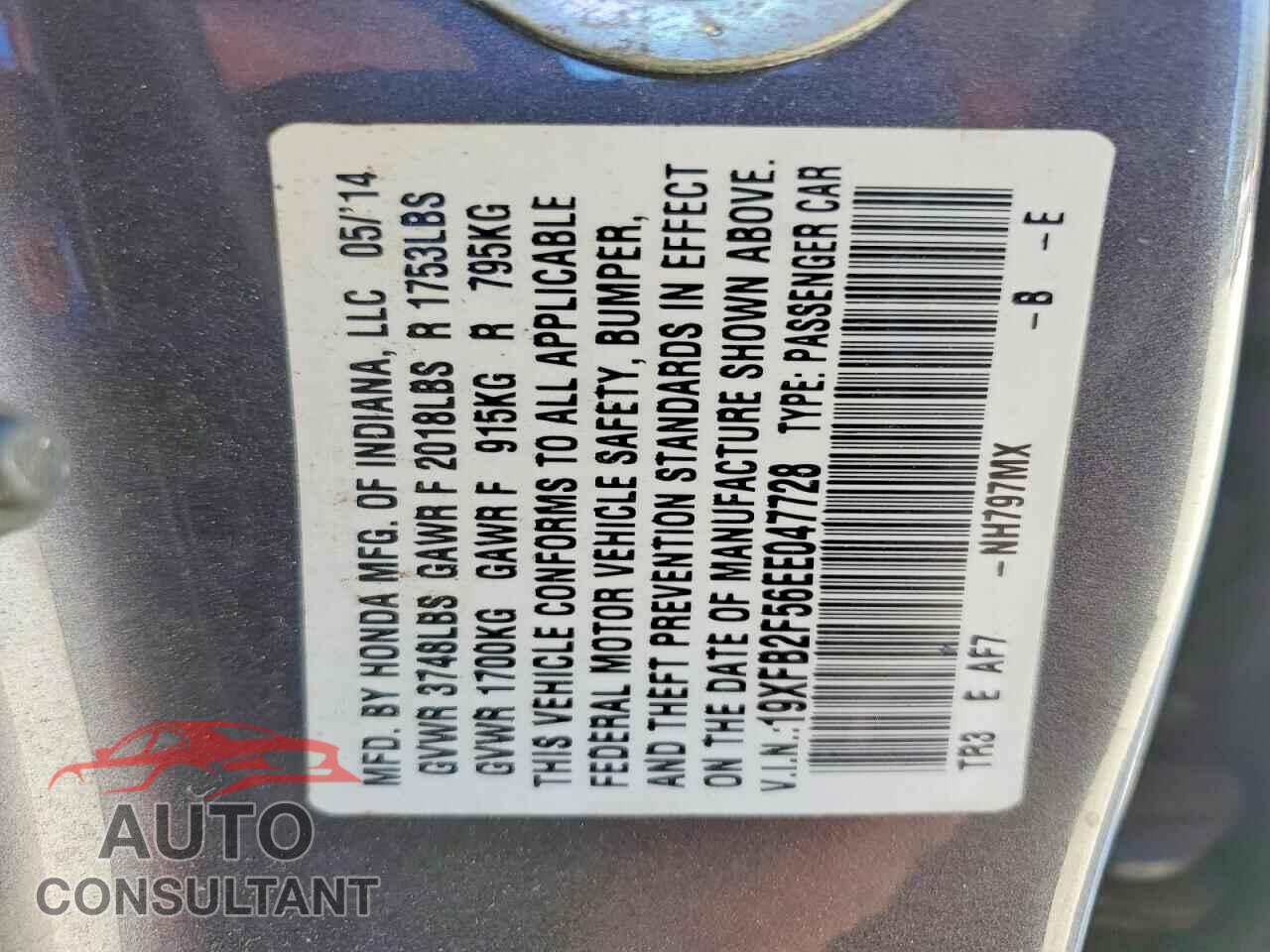 HONDA CIVIC 2014 - 19XFB2F56EE047728