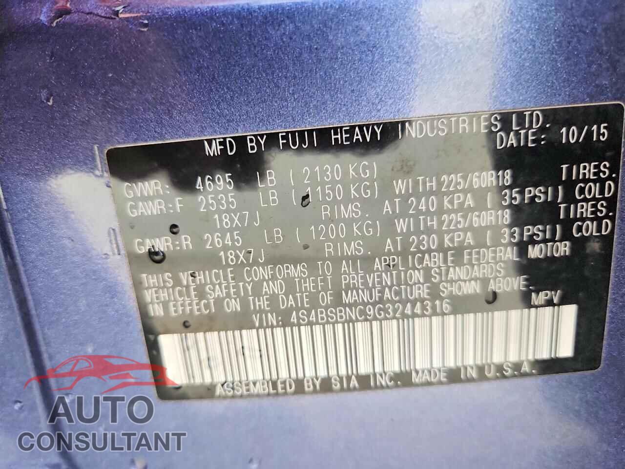 SUBARU OUTBACK 2016 - 4S4BSBNC9G3244316