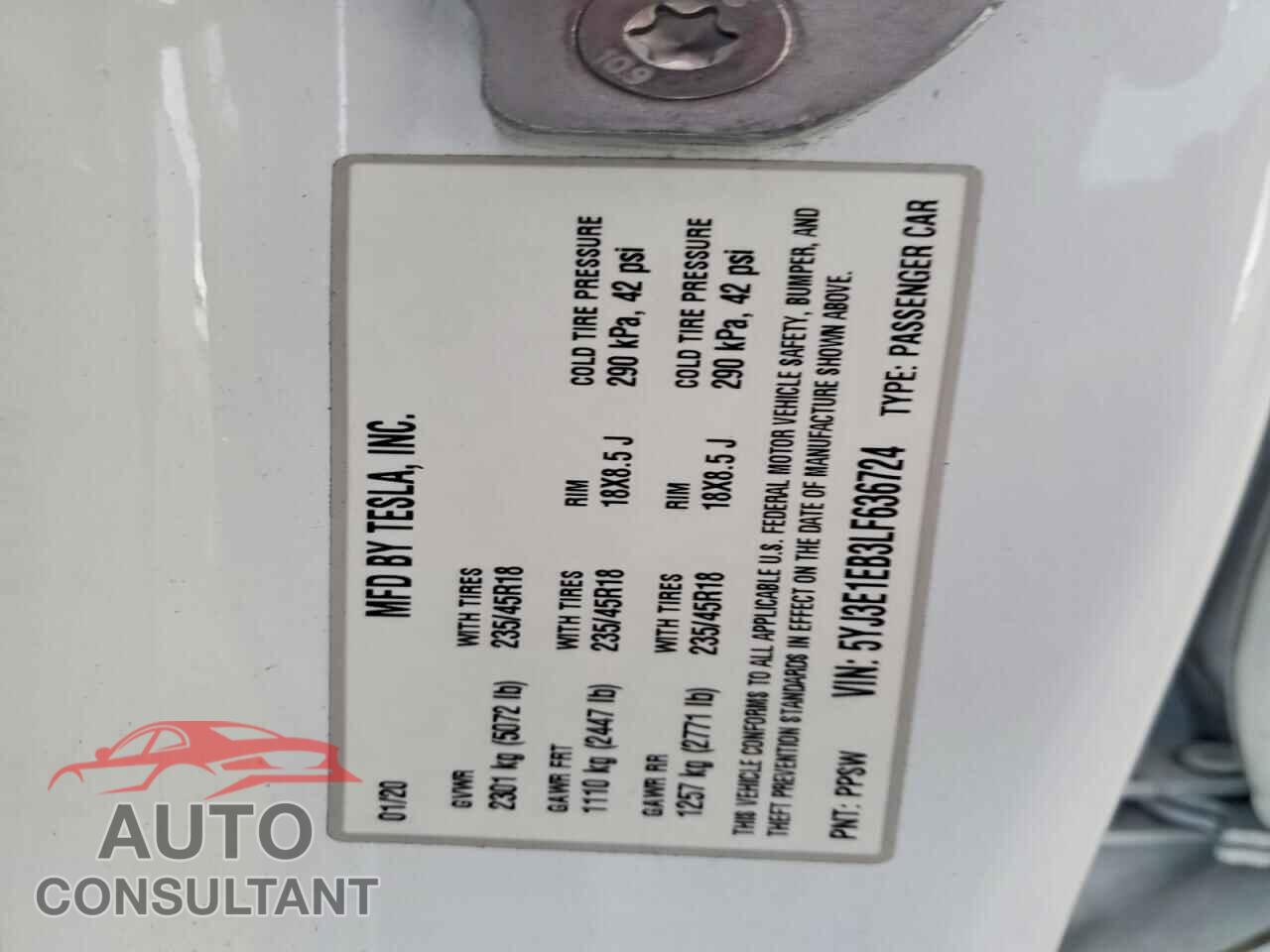 TESLA MODEL 3 2020 - 5YJ3E1EB3LF636724