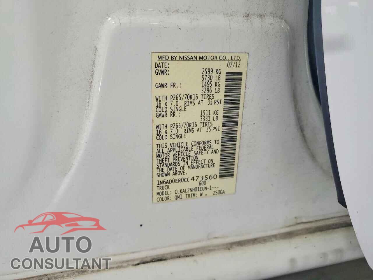 NISSAN FRONTIER 2012 - 1N6AD0ER0CC473560