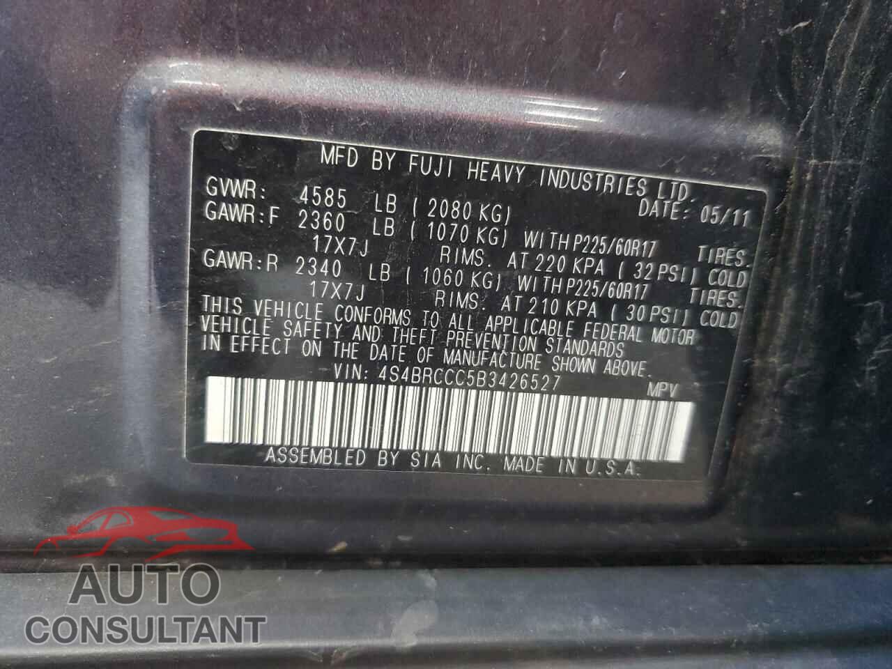 SUBARU OUTBACK 2011 - 4S4BRCCC5B3426527