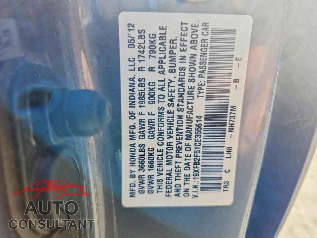 HONDA CIVIC 2012 - 19XFB2F51CE355614