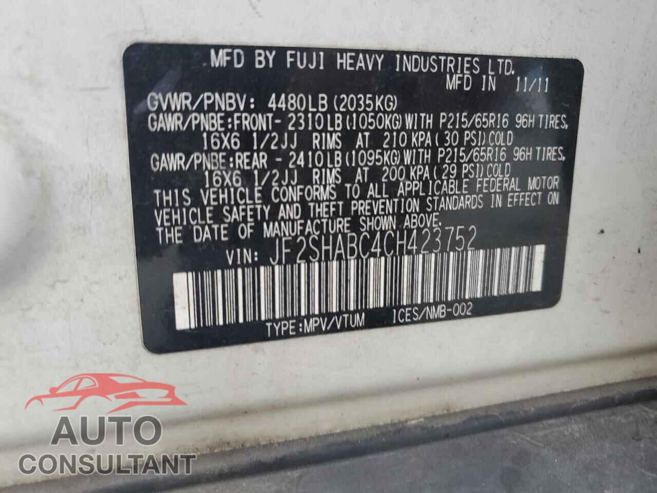 SUBARU FORESTER 2012 - JF2SHABC4CH423752