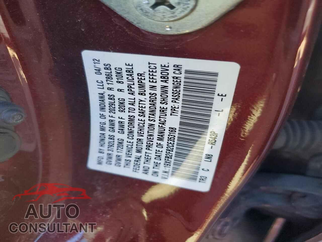 HONDA CIVIC 2012 - 19XFB2F82CE353168