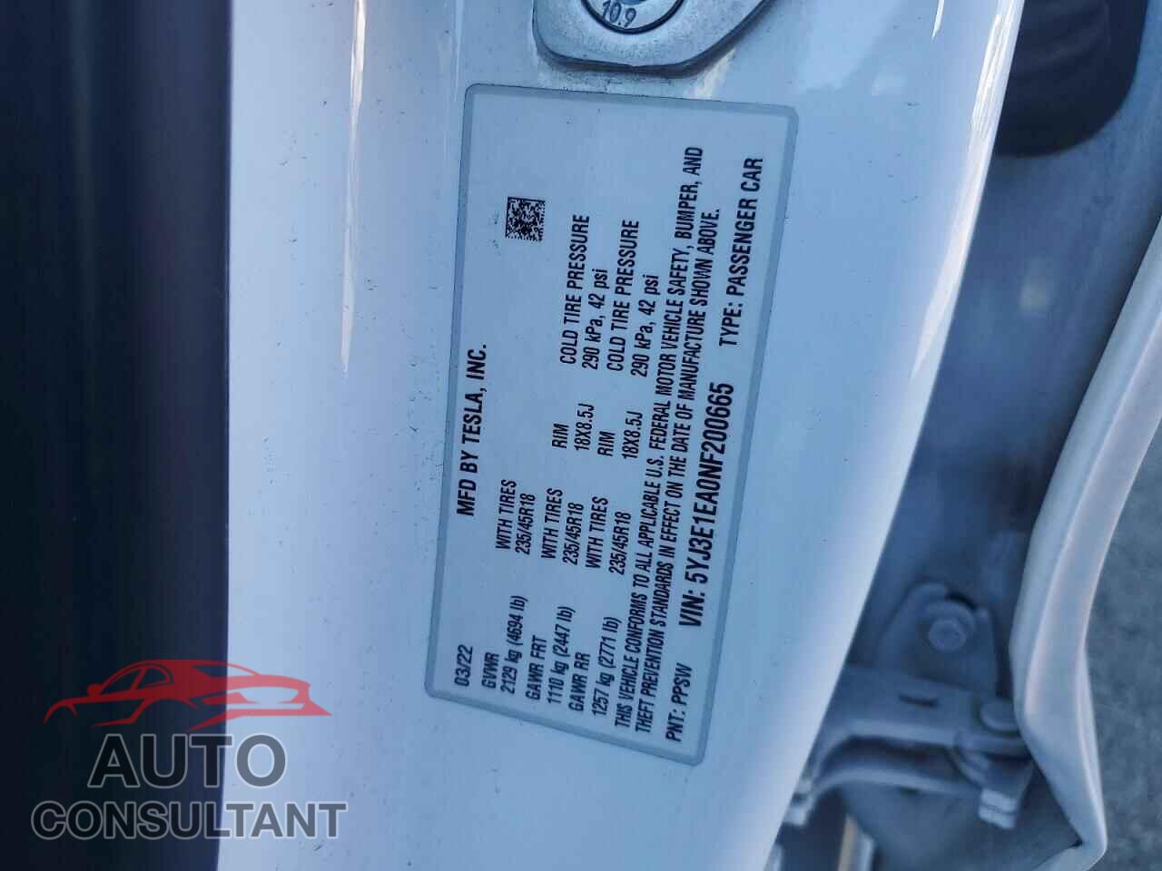 TESLA MODEL 3 2022 - 5YJ3E1EA0NF200665