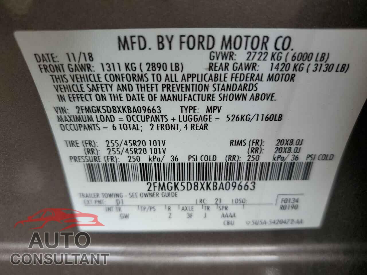 FORD FLEX 2019 - 2FMGK5D8XKBA09663