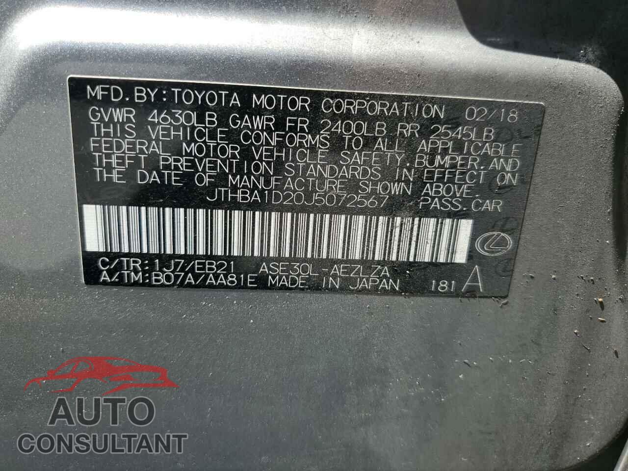 LEXUS IS 2018 - JTHBA1D20J5072567