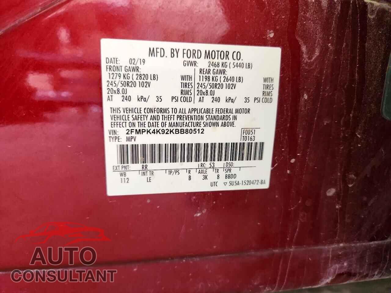FORD EDGE 2019 - 2FMPK4K92KBB80512