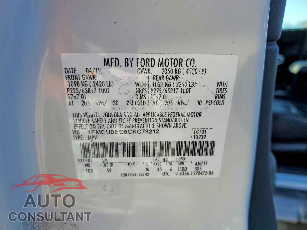 FORD ESCAPE 2012 - 1FMCU0EG5CKC78212