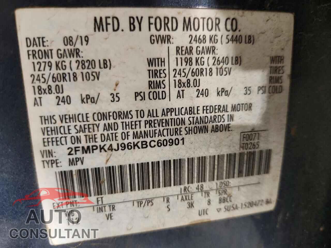 FORD EDGE 2019 - 2FMPK4J96KBC60901