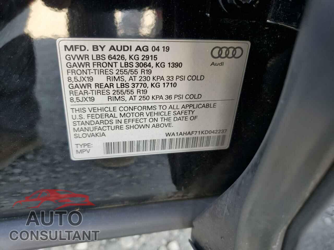 AUDI Q7 2019 - WA1AHAF71KD042237